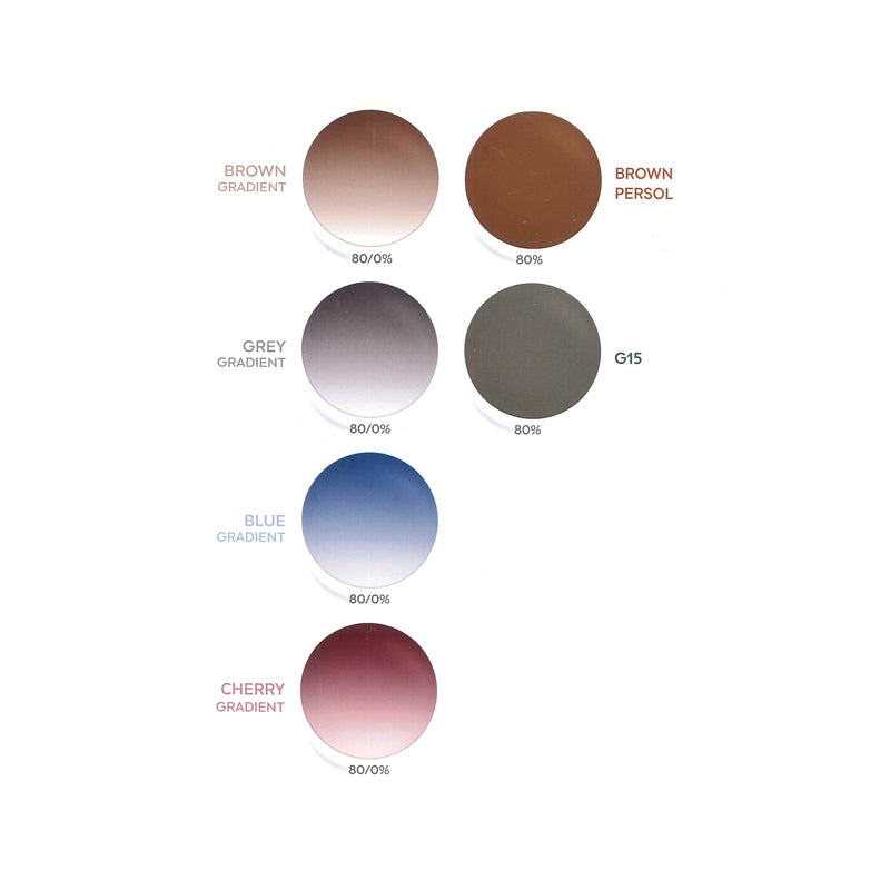 Campionario di lenti progressive colorate con tinte sfumate marrone, grigio, blu e ciliegia, oltre alle iconiche colorazioni Brown Persol e G15 per occhiali da sole graduati.