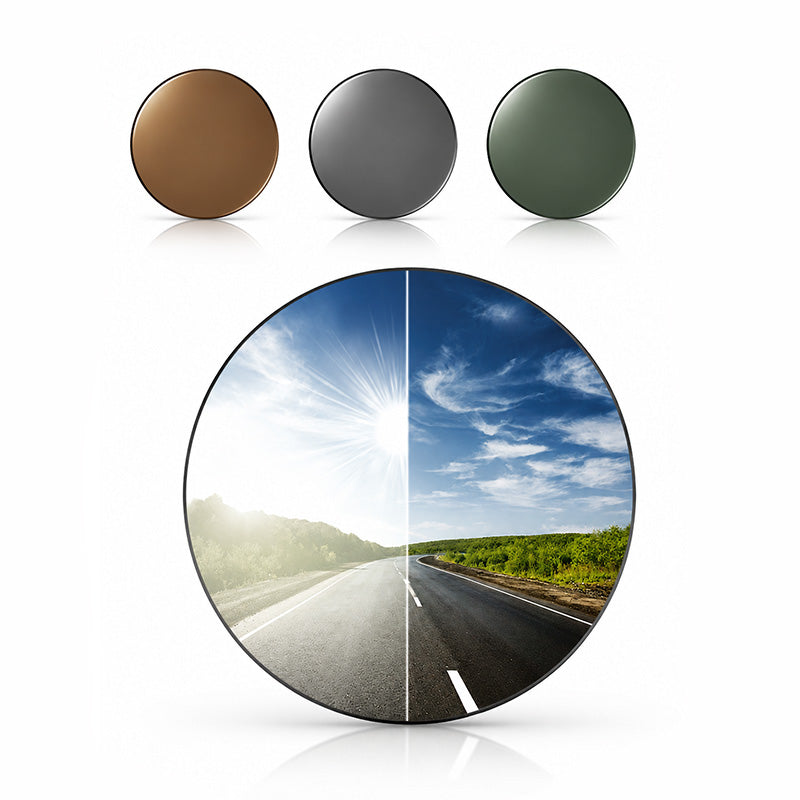 Lenti da sole graduate polarizzate nei colori Brown, Grey e Green con confronto visivo della riduzione dei riflessi e dell'abbagliamento durante la guida.
