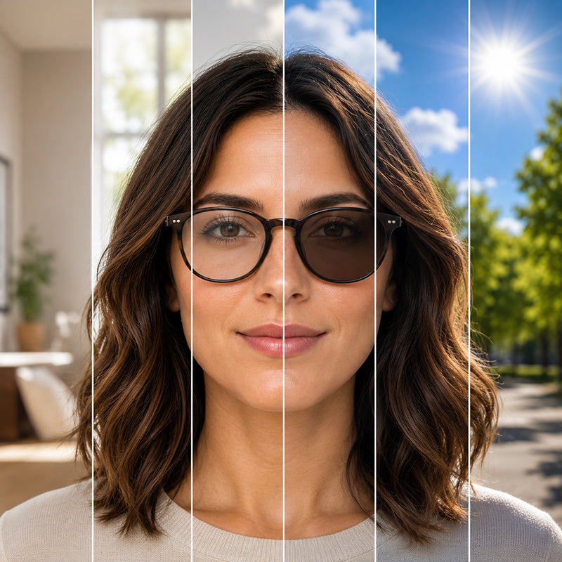 Donna con occhiali dotati di lenti monofocali fotocromatiche Transitions® che passano da trasparenti a scure in base alle condizioni di luce tra ambienti interni ed esterni.