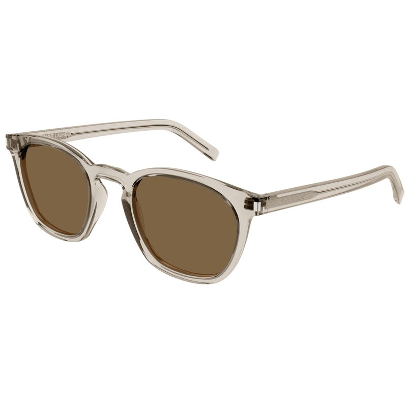 Sunglasses with clear frame and brown lenses on a white background