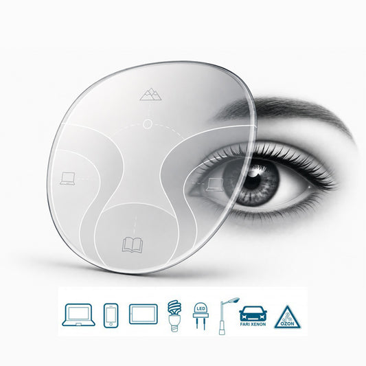 Lente progressiva personalizzata Blue Protect con filtro per la luce blu-violetta proveniente da computer, smartphone e illuminazione LED, per una visione confortevole e naturale a tutte le distanze.