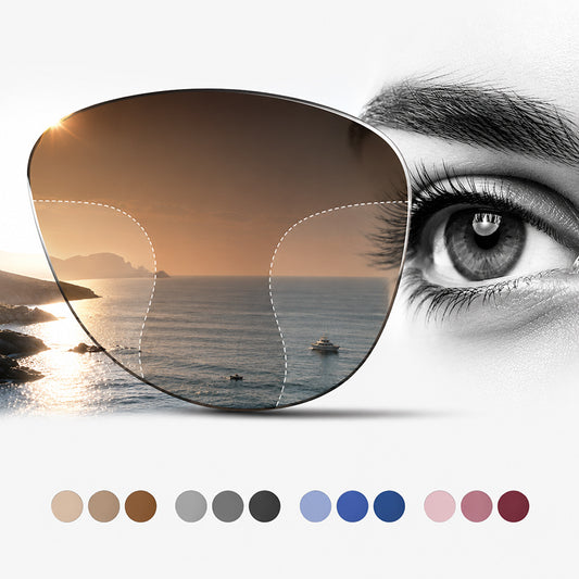Lente progressiva colorata per occhiali da sole graduati con visione nitida da vicino, intermedia e lontano, disponibile in diverse tonalità personalizzate.