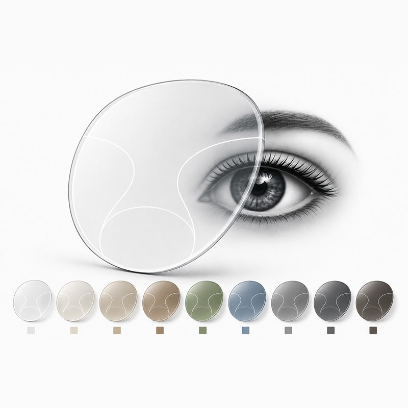 Lente progressiva colorata personalizzabile in varie tonalità per occhiali da sole graduati, ideale per una visione nitida e confortevole.