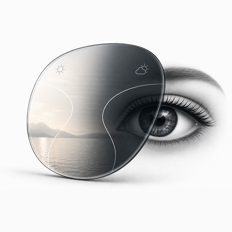 Lente progressiva premium fotocromatica Transitions® con oscuramento automatico alla luce solare, progettata per offrire visione naturale da lontano, intermedia e vicino, con protezione UV e comfort visivo in ambienti interni ed esterni.