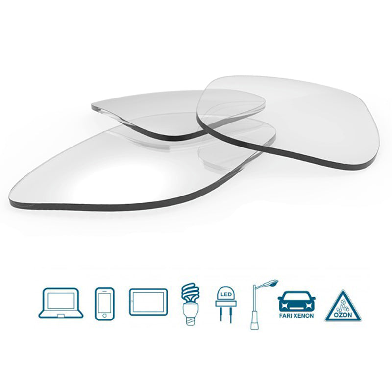 Lenti graduate monofocali con protezione dalla luce blu integrata nel materiale, ideali per l'utilizzo di computer, smartphone, tablet e dispositivi con illuminazione LED.