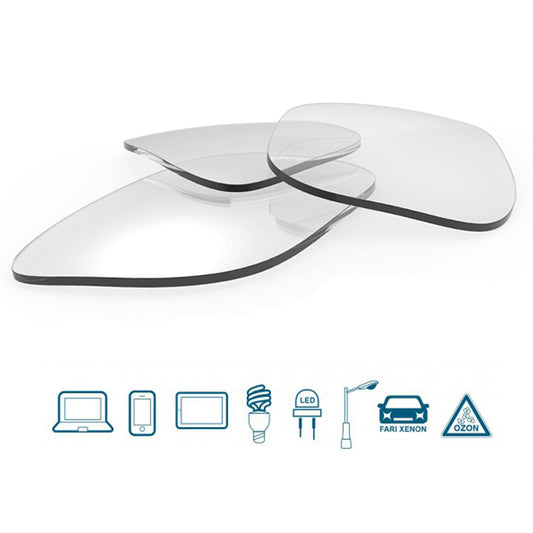 Lenti graduate monofocali con protezione dalla luce blu integrata nel materiale, ideali per l'utilizzo di computer, smartphone, tablet e dispositivi con illuminazione LED.