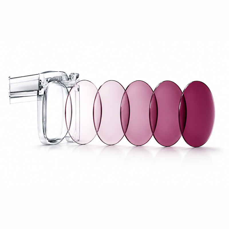 Transitions Ruby prescription photochromic lens that progressively darkens from clear to ruby red depending on light intensity.