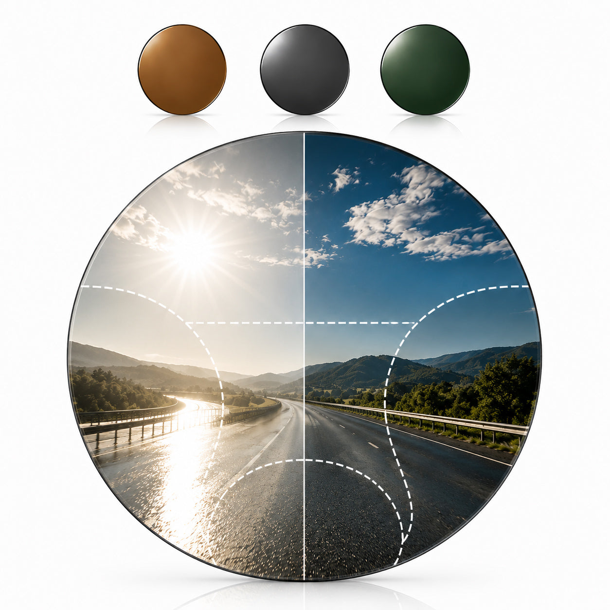 Confronto visivo di una lente progressiva polarizzata su strada bagnata: effetto antiriflesso e zone di visione multifocali con opzioni colore marrone, grigio e verde